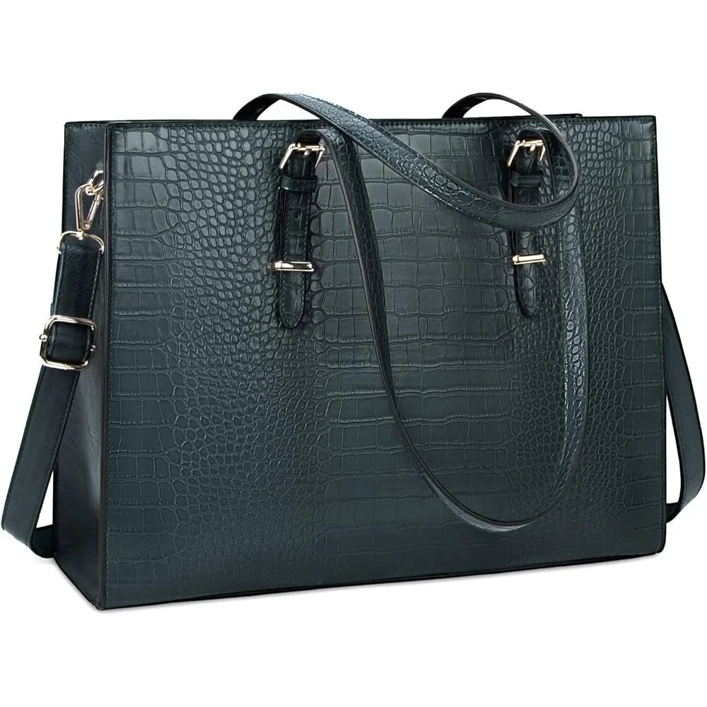 〽️Women Dark Green Leather Waterproof Professional Shoulder Bag 15.6 Inch